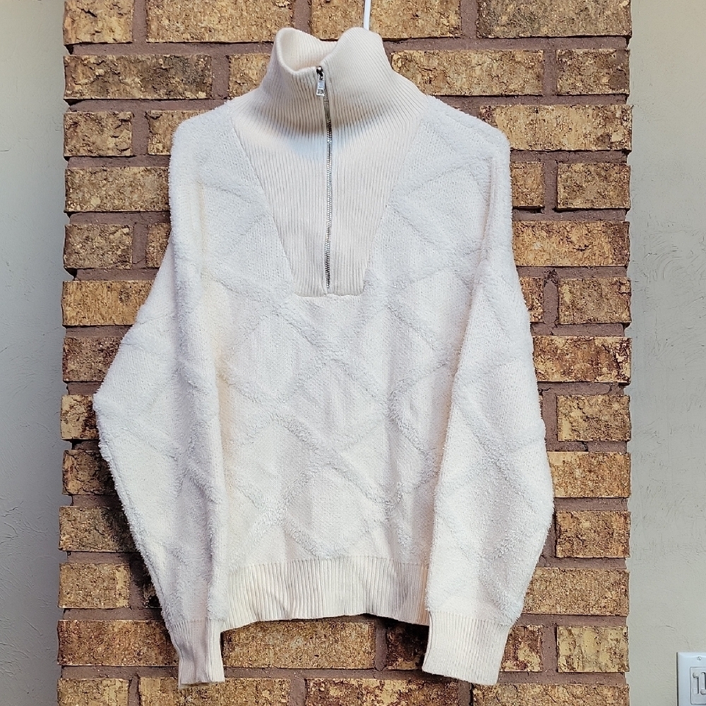 Joie Ivory Knit Half Zip Sweater Diamond  Funnel Neck Pullover XL Luxe